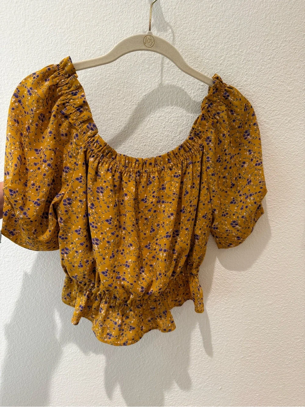 Lost + Wander Mustard Floral Puff-Sleeve Tie-Hem Blouse